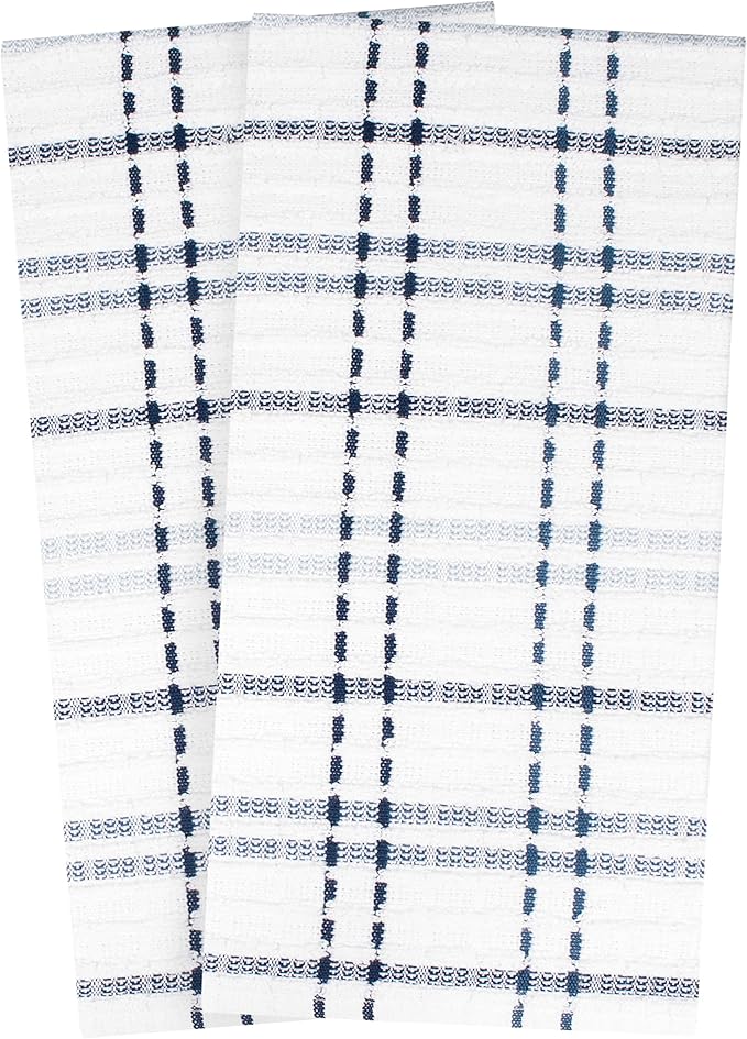Ritz Royale Collection 100% Combed Terry Cotton, Highly Absorbent, Oversized Checked Kitchen Towel Set, 28" x 18", 2-Pack, Federal Blue