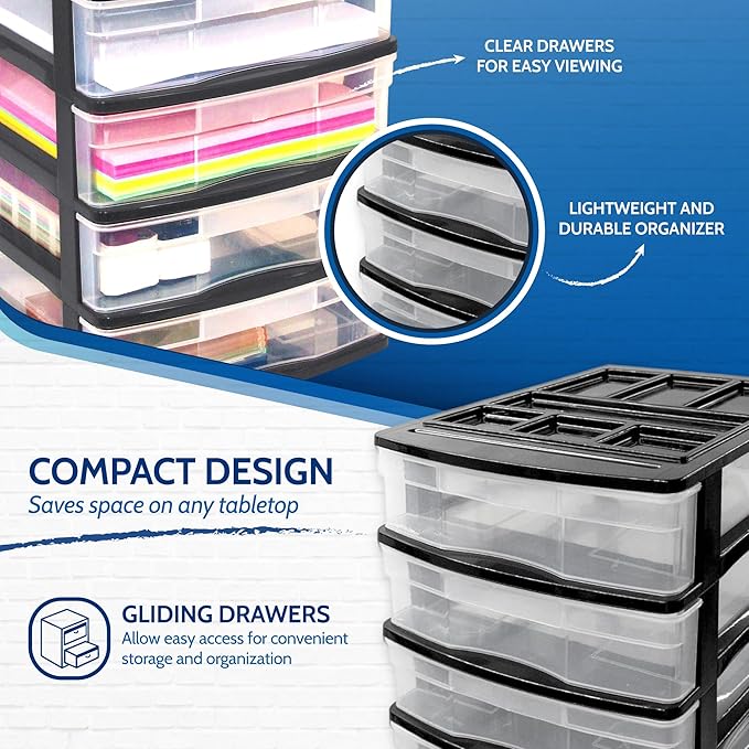 Gracious Living 4-Drawer Desktop and Countertop Storage Organizer Drawer Set, Plastic Office Desk Organizer, Black/Clear