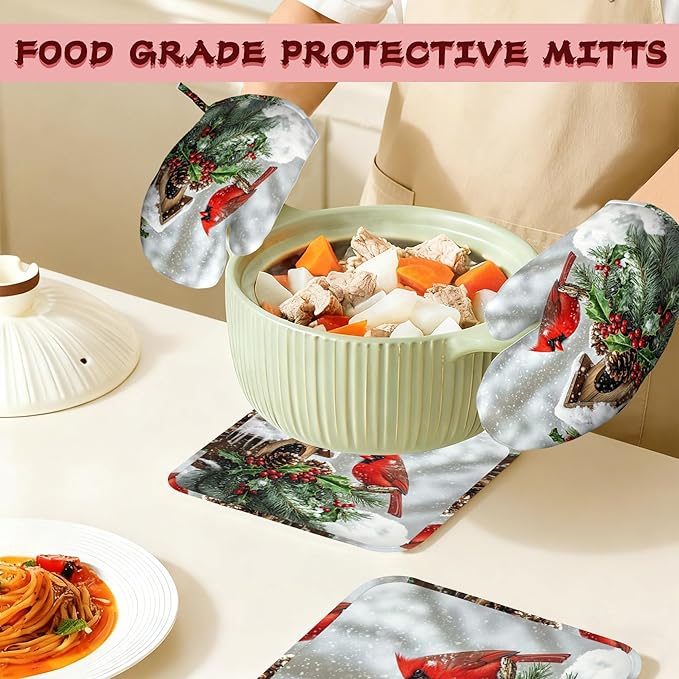 Cardinal Heat-Resistant Silicone Oven Mitts and Pot Holder 4 Piece Set,Christmas Berry Non-Slip Kitchen Oven Gloves for Baking, BBQ, Cooking,Grilling