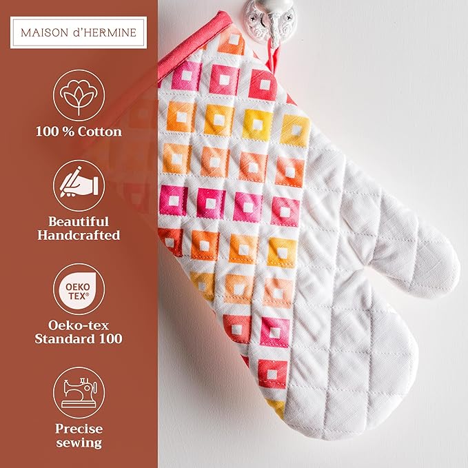 Maison d'Hermine Oven Gloves 100% Cotton Oven Mitt 7" x 13" with Loop Heat Resistant BBQ Cooking Gloves Baking Grilling Gifts for Mothers Day Spring/Summer (Pack of 1, Summer Maze)