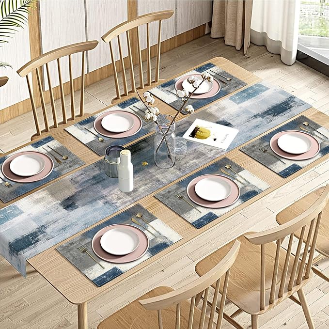 Emvency Farmhouse Table Runner and Placemats Set of 6, Cotton-Linen Abstract Blue and Grey Painting Art Dining Table Decor for Daily Use(1 Table Runner 72 inches Long and 6 Placemats)