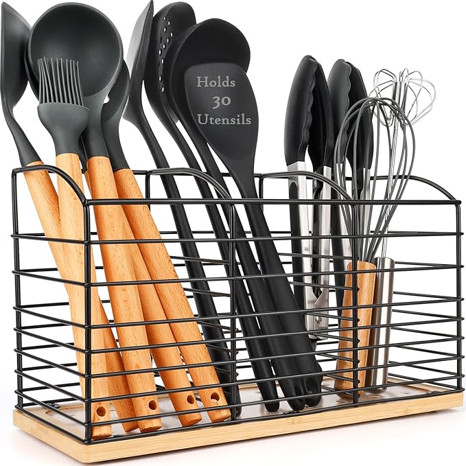 Large Utensil Holder for Kitchen Counter - 11.8"x 6.7"x 4.7", 3 Compartments Aesthetic Design, Kitchen Utensil Holder Utensil Organizer (Metal+Bamboo)