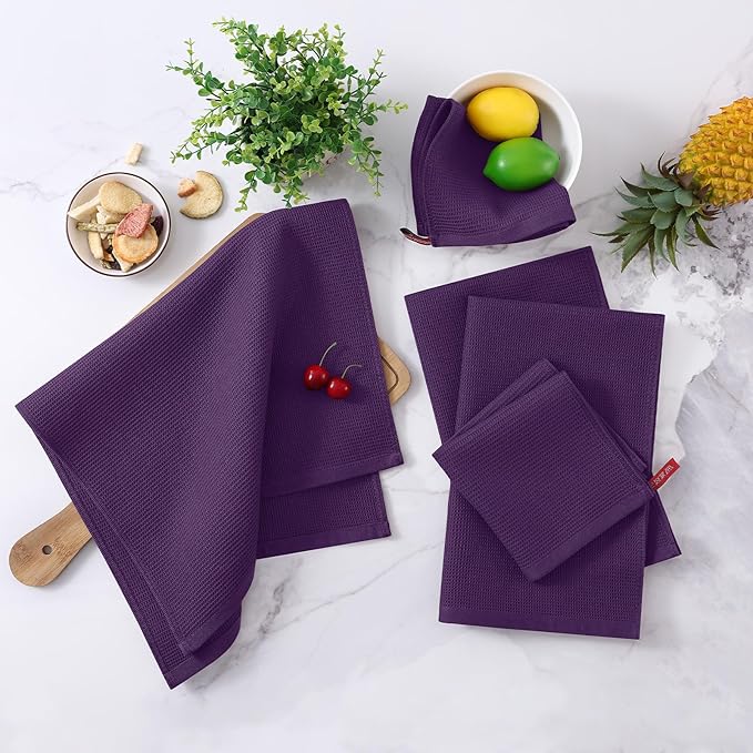 Homaxy 100% Cotton Kitchen Towels and Dishcloths Set - 8 Pack Waffle Weave Soft and Absorbent Dish Towels - 26 X 16 Inch and 12 X 12 Inch - Eggplant