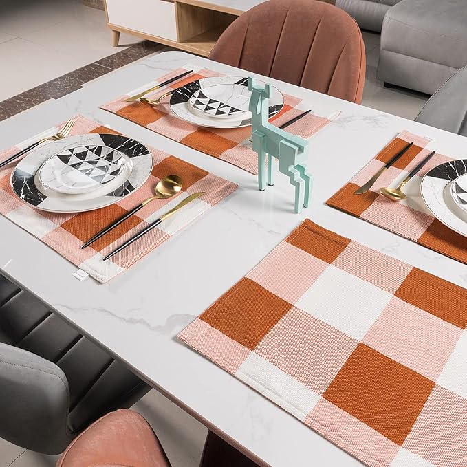Orange Placemats Set of 4, Linen Buffalo Plaid Double Layer Spring Placemats Check Kitchen Table Mats,Waterproof Heat Resistant Durable Cloth Washable Placemat 13 x 19 Inches