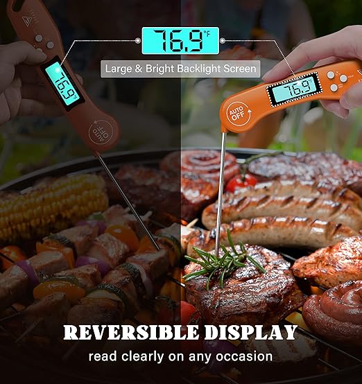 DOQAUS Digital Meat Thermometer, Instant Read Food Thermometer for Cooking with Backlit & Auto-Rotating Display, 4.6” Probe for Grilling, Baking, and Perfect BBQ - Orange
