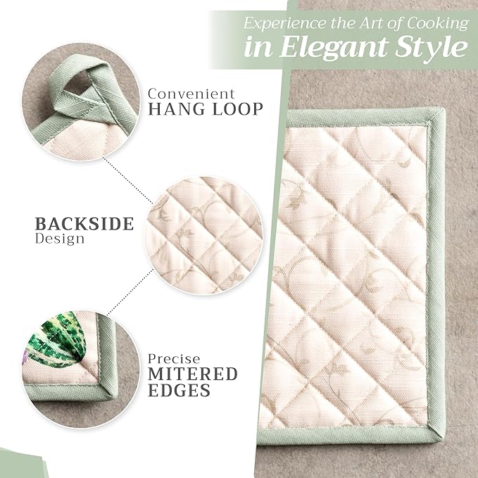 Maison d' Hermine Pot Holders Set 100% Cotton Heat Resistant Potholders 8" x 8" Hot Pads with Loop for Thanksgiving Christmas Decorations BBQ Cooking Baking Handling Hot Pans (Pack of 2, Lumina)
