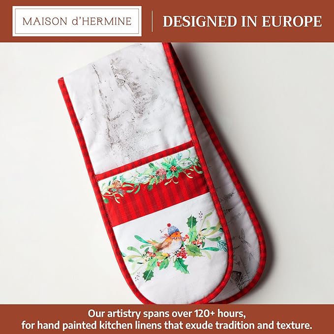 Maison d' Hermine Double Oven Mitt (7" x 35") 100% Cotton Heat Resistant BBQ Cooking Gloves with Loop for Thanksgiving Christmas Decorations Baking Cooking Handling Hot Pan (Christmas Tradition)