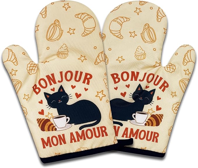 2 Pack Funny Black Cat Oven Mitts, Bonjour Mon Amour, Heat Resistant Silicone Non-Slip Mitts, Christmas Birthday Gifts for Cat Lovers, Sweet Housewarming Gifts for Hostess Mom Wife Friend