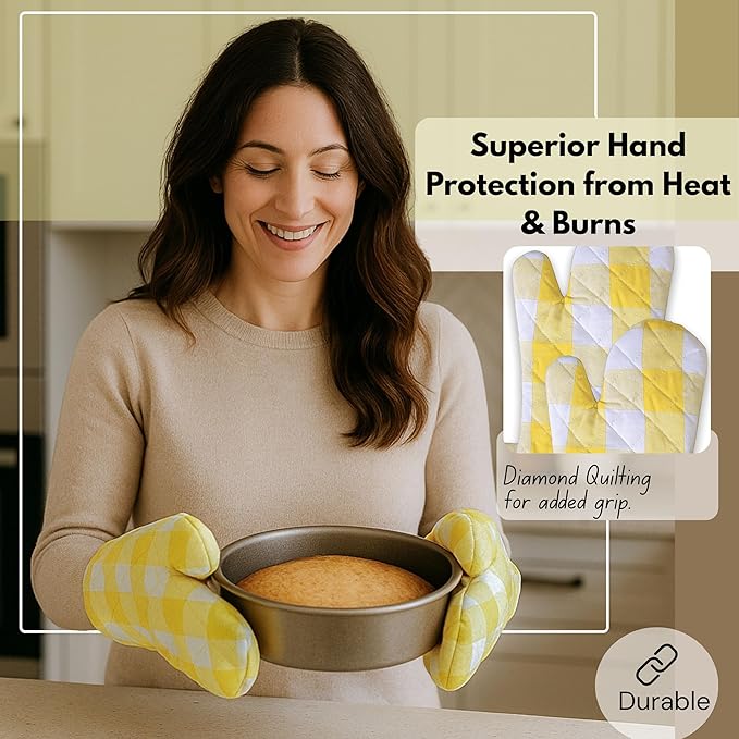 Native Fab Buffalo Plaid Check Oven Mitts and Pot Holders Set of 4, 100% Cotton Heat Resistant Kitchen Gloves, 2 Oven Mitts (7x13), 2 Pot Holders (8x8) for Cooking & Baking, Lemon Yellow White