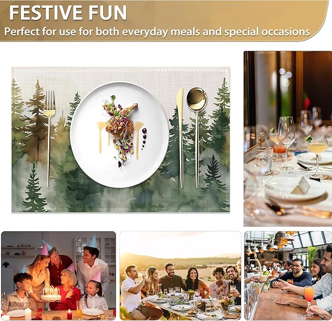 Set of 6 Washable Misty Forest Landscape Placemats Non-Slip Heat-Resistant 12x18 Inch Thick Decorative Linen Table Mats for Dining Table Home Décor