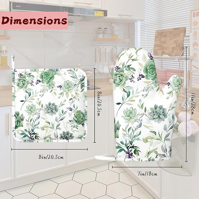 Succulent Plants Flowers Oven Mitts and Pot Holders (4PCS),Heat Resistant Non-Slip Silicone Kitchen Gloves for Cooking, Baking, BBQ Waterproof Kitchen Accessories