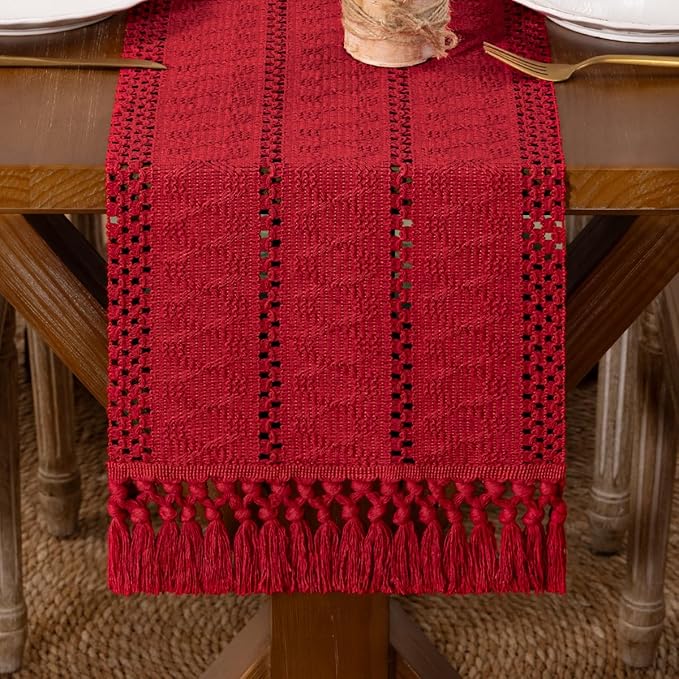 DeZerlor Boho Macrame Table Runner Spring Easter Farmhouse Woven Table Runner with Tassels 90 Inches Red Cotton Linen Kitchen Table Decor for Dining Dresser Home Tea Table Decor