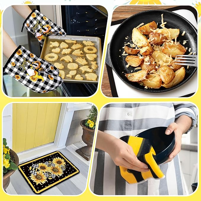 Fourluoo 10 Pcs Bee Kitchen Decor Sunflower Oven Mitts and Pot Holders Set Yellow Bee Dish Towels Rugs Mats Buffalo Plaid Kitchen Accessories for Chef Baking Cooking Grilling BBQ Women Home Gift