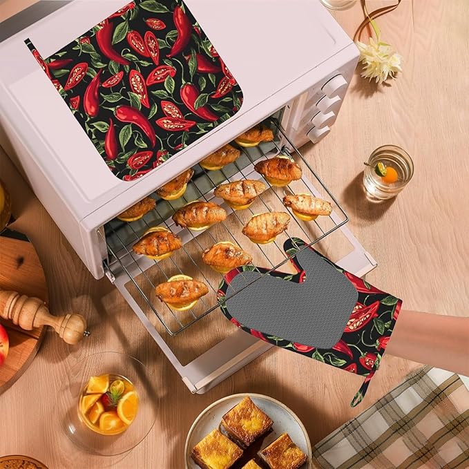 Mexican Hot Pepper Chili Oven Mitt and Pot Holder with Silicone Heat Resistant Kitchen for Cooking BBQ Baking Grilling Cooking Protection