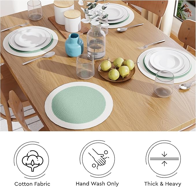 Encasa XO Dining Placemats Set of 6 | Cotton Round Table Mat - 13 in Diameter | Sage & Off White | Handmade Rib Style Chargers for Dinner Plates