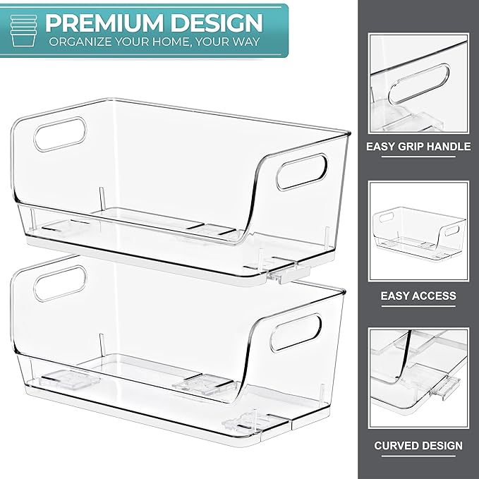 Sorbus Stackable Storage Bins Open Front, Clear Stackable Storage Bins, Pantry Bins for Storage and Organization, Acrylic Stackable Bins for Kitchen, Clear Pantry Organizer Bins (Small Wide 4 Pack)