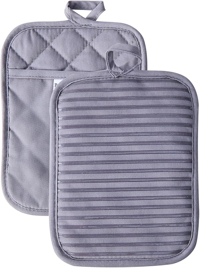 Kitchen Everyday Basic Pot Holder Heat Resistant Coaster Soft Silicone Water Resistant Pot Holder Set Oven Mitts with Pocket, 2 Piece Set, 7"x9" Grey
