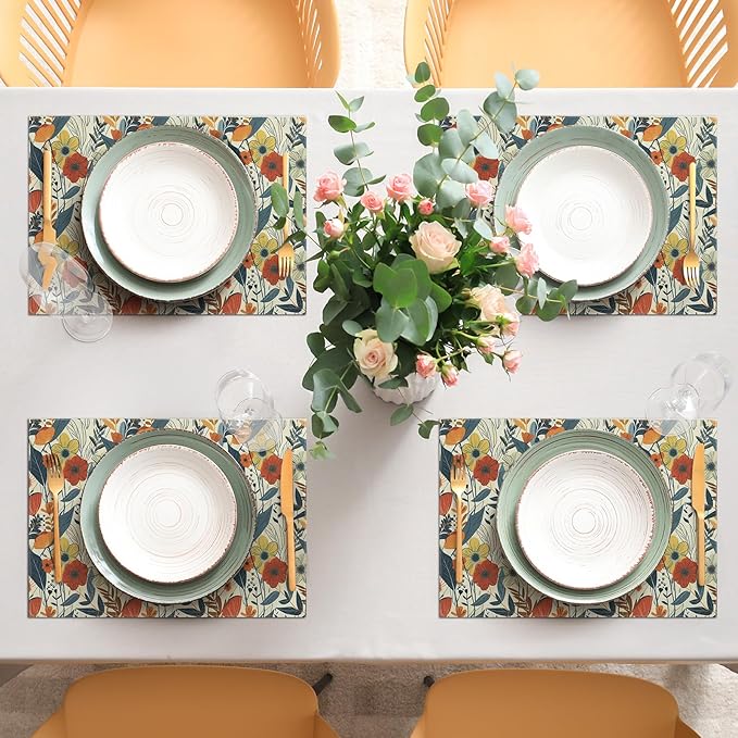 comfoyar Boho Colorful Flower Placemats Set of 4, 12x18 Inch Non-Slip Linen Watercolour Floral Place Mats, Washable Absorbent Rectangular Vintage Table Mats for Kitchen Dining Party Table Decoration