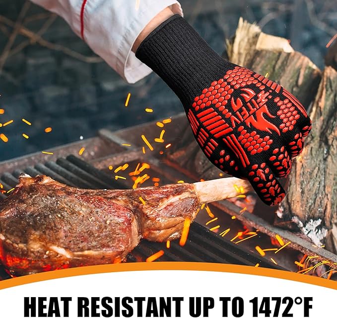 BBQ Gloves, Oven Gloves, 1472°F Extreme Heat Resistant Barbecue Gloves, Silicone Non-Slip Oven Mitts, Kitchen for Cooking, Grilling, and Baking (Red)