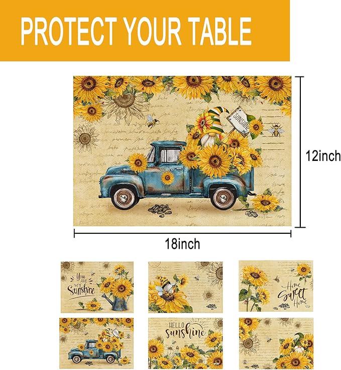 pinata Sunflower Linen Square Spring Placemats Set of 6, Sunflower Table Decor, Vintage Spring Summer Gnome Truck Washable Table Mats for Farmhouse Holiday Indoor Outdoor Party Dining Decoration