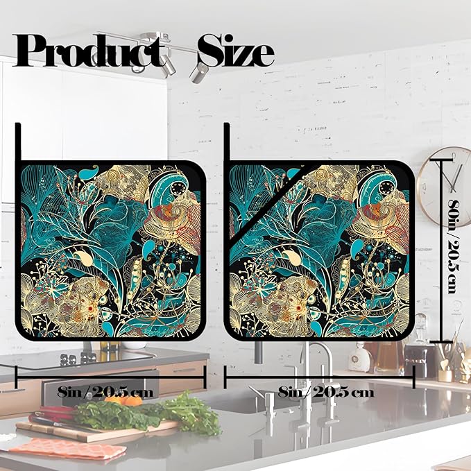Vintage Floral Pot Holders Set of 2,Kitchen Heat Resistant Potholder for BBQ Cooking Baking,Food Hot Pad for Women Men