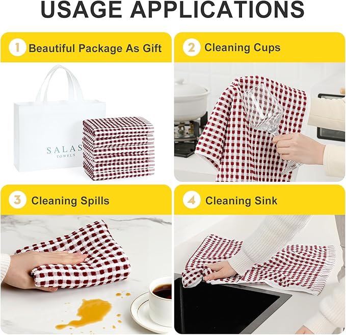 SALAS Cotton Dish Towels Cloths for Kitchen Drying Dishes, Lattice Terry Kitchen Towels, Absorbent Cloths with Hanging Loop, 16‘’ x 26‘’, 6 Packs, Wine Red