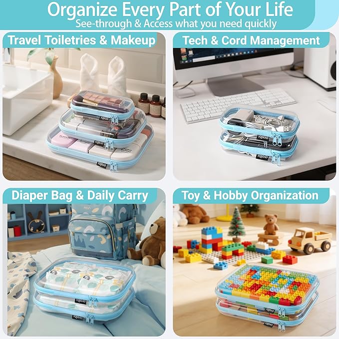 YQBRAO 3 Pack Hard Sided Clear Zipper Case for Storage- Thickened-Grade Clear Hard Shell Zipper Case for Organizing Bead, Handicrafts, Sewing, Toiletries, Makeup (Blue)