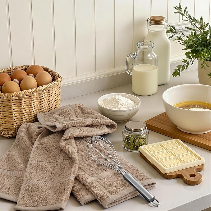 Homaxy Premium Kitchen Towels 18"x28", 6 Pack Large Cotton 380 GSM Dish Towels, Soft and Absorbent Kitchen Hand Towels with Terry Grid Design, Utility Tea Towel Set with Hanging Loop, Khaki