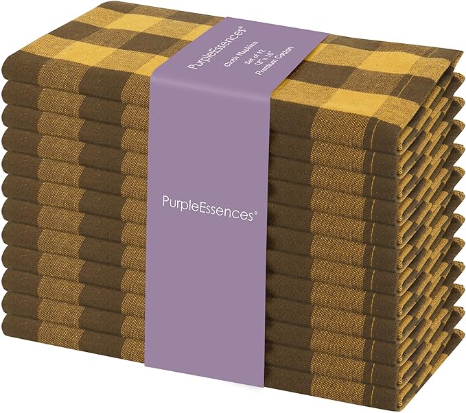 PurpleEssences Buffalo Plaid Cloth Napkins - Mitered Corners - Spring Easter Summer Gingham Check Dinner Napkin - Set of 12-100% Cotton - 18x18 Inch - Reusable Washable - Golden Yellow and Nut Brown