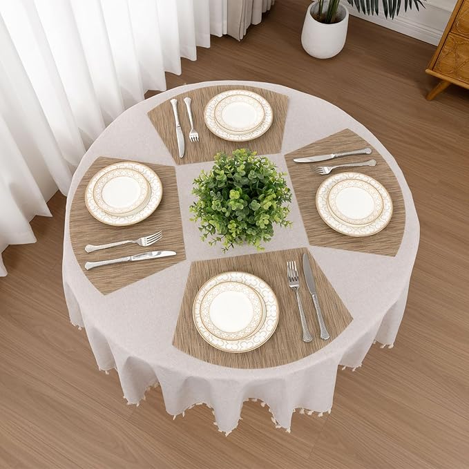 SHACOS Round Table Placemats Wedge Placemats Set of 8 Woven Vinyl Curved Table Mats Washable Indoor Outdoor (8, Tan)