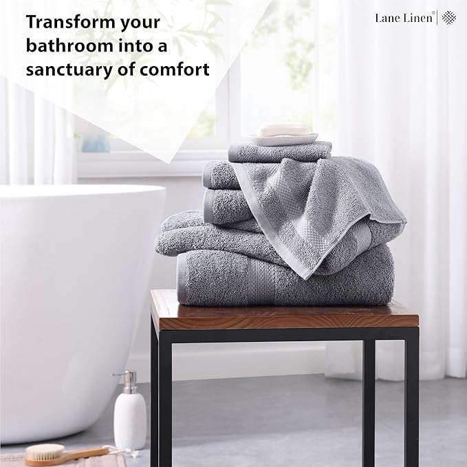 LANE LINEN 100% Cotton Turkish Towel Set for Bathroom - 6 Piece - Super Soft, Quick Dry & Highly Absorbent - 2 Bath, 2 Wash cloths, 2 Hand Towels - Hotel Quality, Durable & OEKO-TEX Certified - Grey
