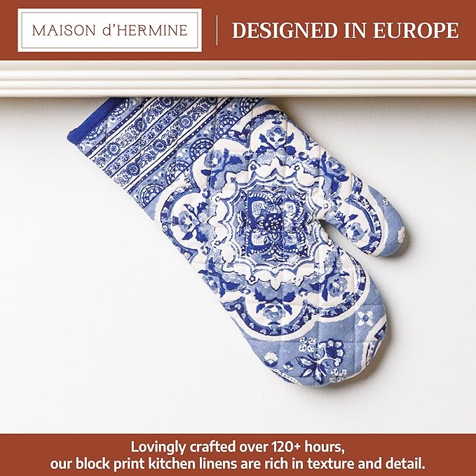 Maison d'Hermine Oven Gloves 100% Cotton Oven Mitt 7" x 13" with Loop Heat Resistant BBQ Cooking Gloves Baking Grilling Gifts for Mothers Day Spring/Summer (Pack of 1, Melodie Bleue)
