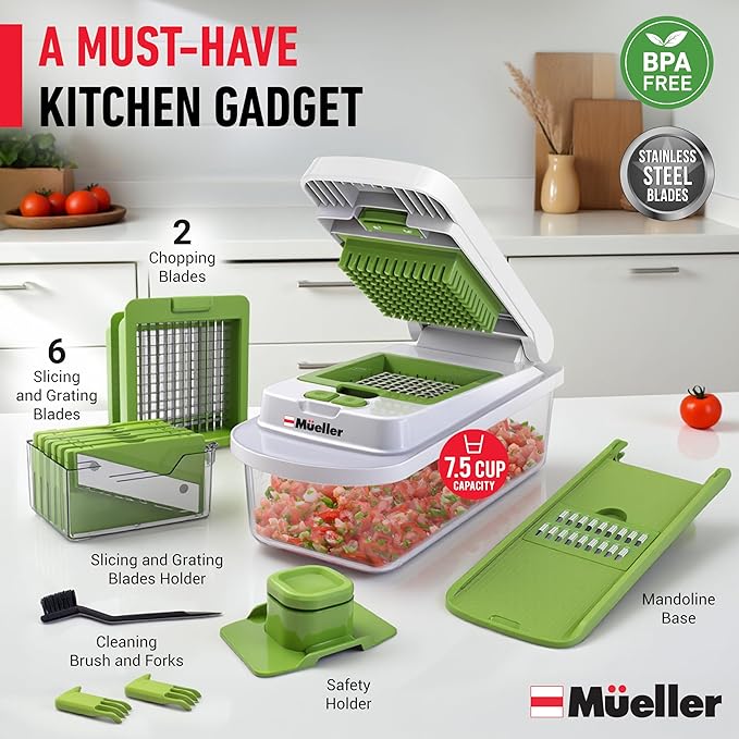 Mueller Pro-Series 10-in-1, 8 Blade Vegetable Chopper, Onion Mincer, Cutter, Dicer, Egg Slicer with Container, French Fry Cutter Potato Slicer, Home Essentials, Salad Chopper White Sand/Green