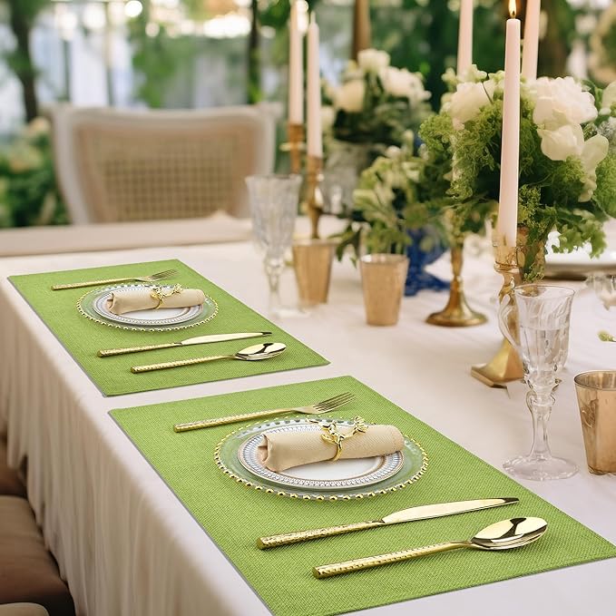 SLKQG Green Linen-Look Placemats Set of 6, Heat Resistant & Machine Washable Double-Layered Cloth Placemats for Dining Table, Indoor/Outdoor Use, Non-Slip Kitchen Table Mats (6, Green)