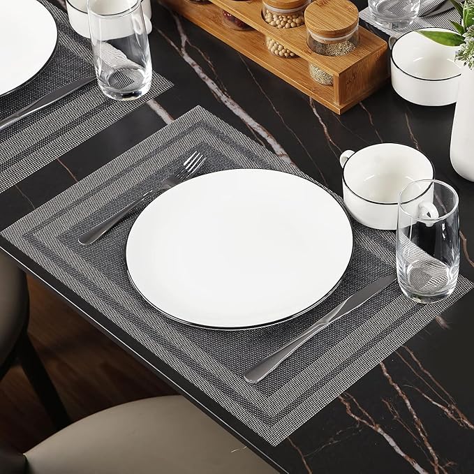 Placemats Set of 12,Washable,Heat and Stain Resistant Indoor/Outdoor Place mats,Vinyl Woven Non Slip Table Mats for Restaurant Table Protection,PVC Placemats(Black Gold,12PCS)
