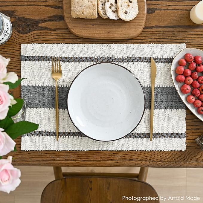 Artoid Mode Dark Grey Farmhouse Woven Rustic Placemats Set of 4,12x18 Inch Seasonal Holiday Hollow Table Mats Party Kitchen Dining Decoration