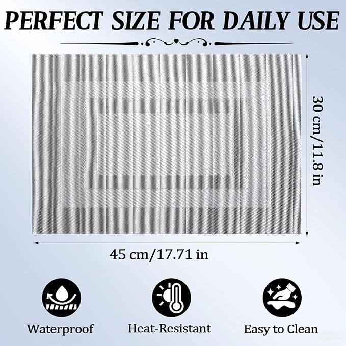 Timeet Gray Placemats Set of 8, Heat Resistant Non-Slip Place Mats, Durable Washable PVC Vinyl Woven Table Mats, Wipeable Placemats for Dining Table Easy to Clean