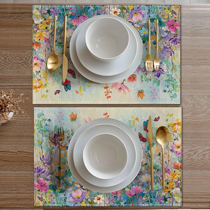 HOMETITUTE Placemats Set of 4 12x18 inch Spring Table Mats for Dining Table Floral Field Linen Placemats Farmhouse Decorations Kitchen Decor Desk Mat for Outdoor Home Party Kitchen Seasonal Dining