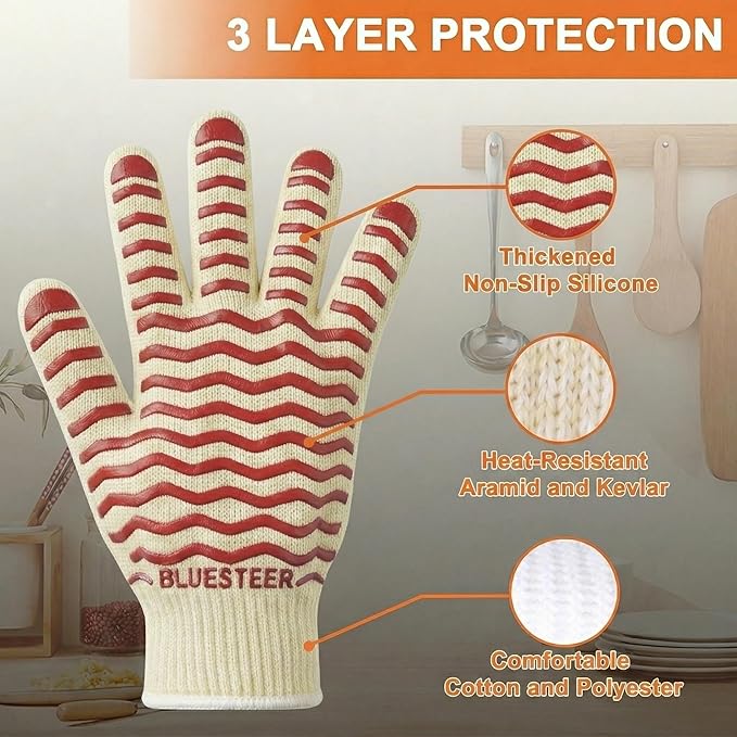 Oven Gloves 932°F Heat Resistant Oven Mitts with Fingers, Heat Proof BBQ Grill Gloves Silicone Grip Fireproof Gloves for Kitchen Cooking Grilling Baking