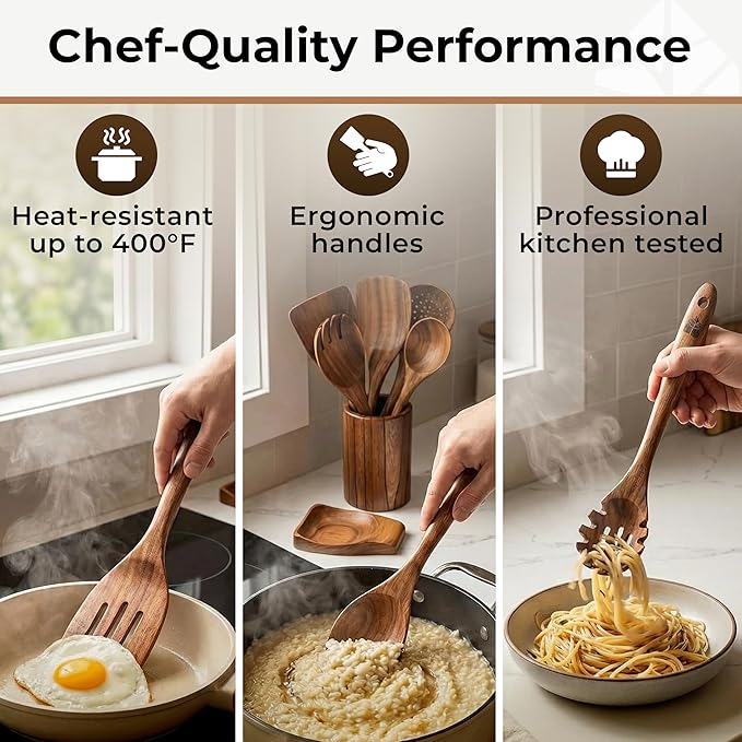 Wooden Utensil Set 8 Pcs – Sturdy & Easy to Clean, Natural Teak Wooden Spoons for Cooking – Non-Scratch Cooking Utensils with Spatula, Turner, Ladle, Spoons, Skimmer, Holder, Spoon Rest & 6 Hooks
