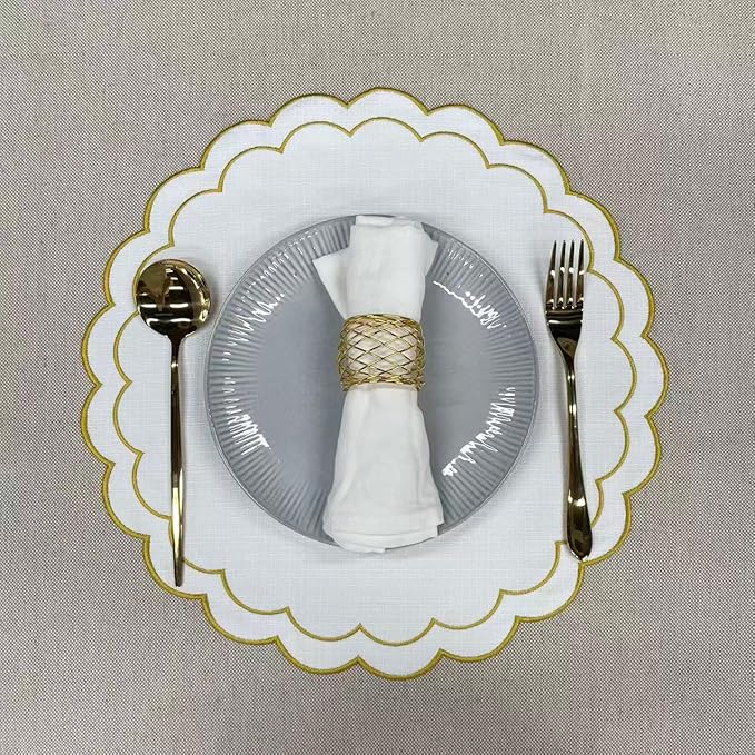 Linen Cotton Placemats Set of 4 Scalloped Flower Embroidery Place Mats 15'' Natural Linen Texture Fabric Machine Washable Table Mats for Restaurant Kitchen,Table Decor(White)