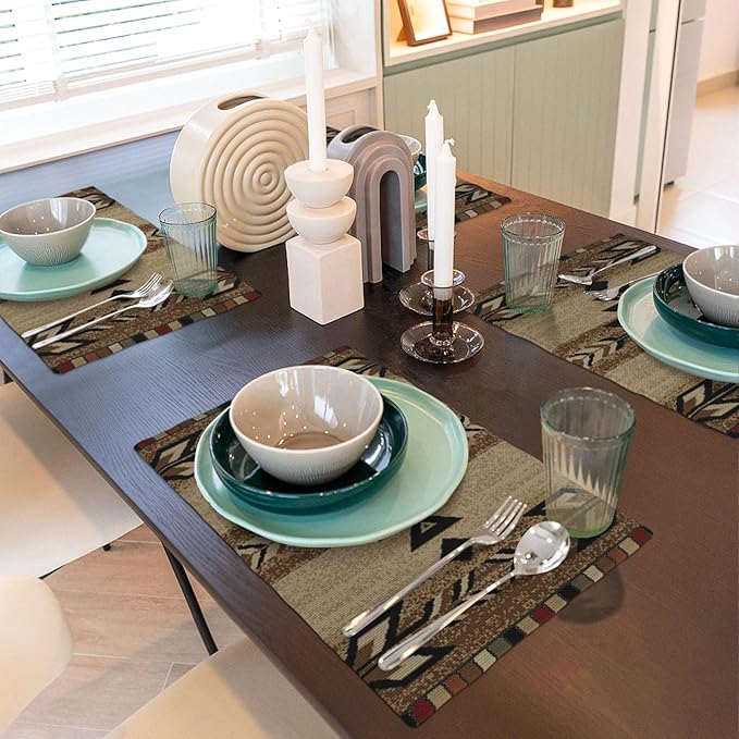 Brown Black Boho Placemats Set of 4 Rustic Aztec Western Decor Place Mats 12x18 Inch Beige Tribal Native Geometic Decorative Linen Table Mats for Home Kitchen Dining Party Table Decoration