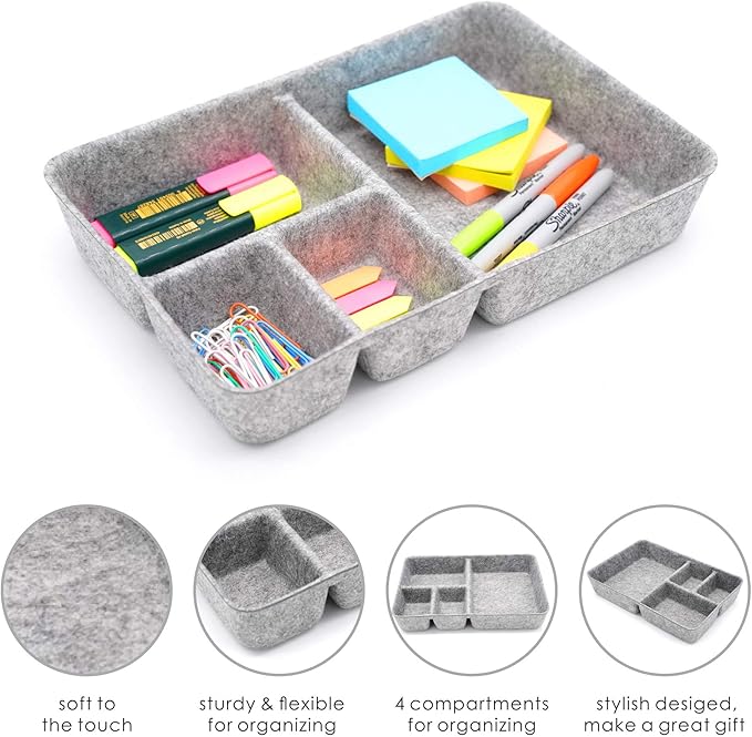 Welaxy Junk Drawer Organizer bin 4 Compartments Office Organizers Bins Felt Trays Drawers 2 dividers Multi-Purpose Storage (Grayx2)