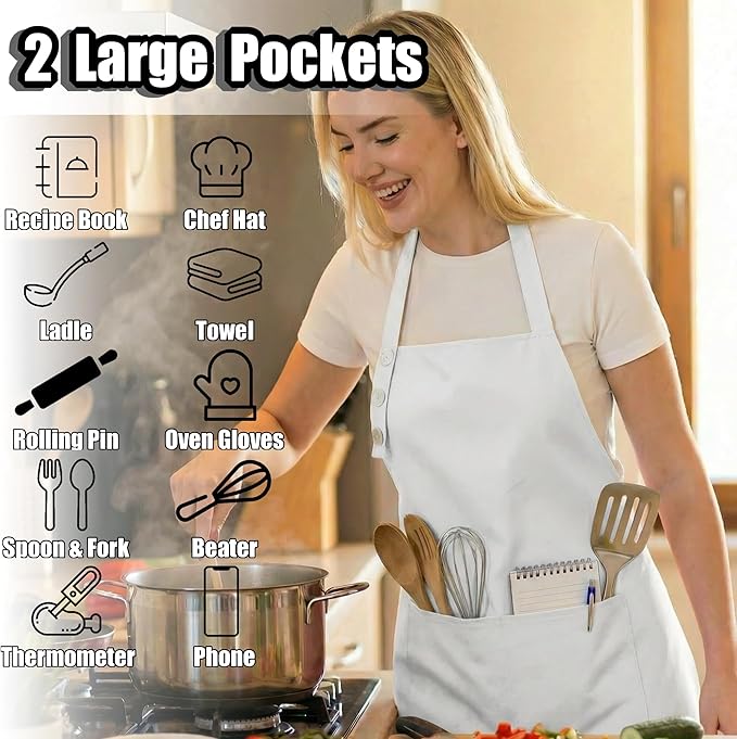 TOSHE Kitchen Apron Waterdrop Resistant Cotton Apron with adjustable Aprons for Women with Pockets 10 Color option Cooking White Apron(White)