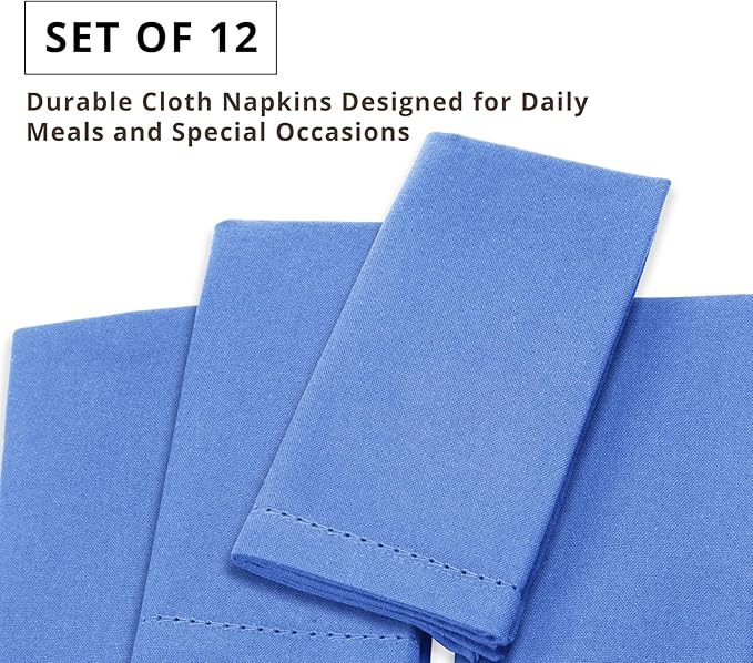 PurpleEssences Set of 12 Hemstitch Cloth Dinner Napkins 100% Cotton - Soft Durable Washable - Ideal for Wedding Spring Easter Summer - Perfect Everyday Use Table Linen 18x18 - Light Blue