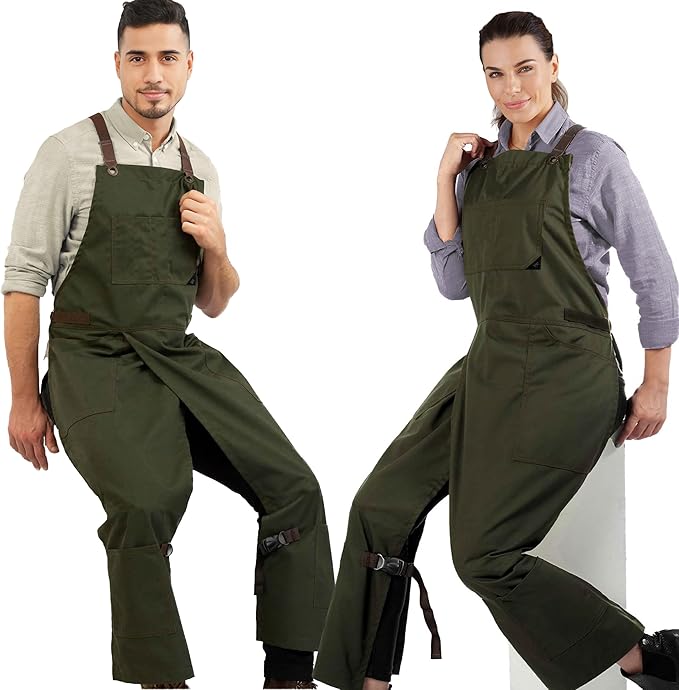 Under NY Sky Pottery Moss Green Apron – Full Coverage Cross-Back, Durable Twill, Leather Reinforcement and Overlapping Split-Leg, Adjustable for Men and Women – Pottery Artist, Mechanic, Tattoo Apron