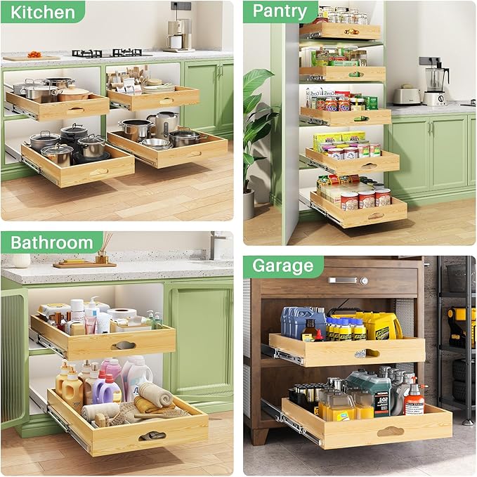 Pull Out Cabinet Organizer, Soft Close Wooden Slide Out Drawers for Pots and Pans, Full-extension Roll Out Shelves for Kitchen Cabinets, Pantry Organization, Bottom & Side Mount( 12"W X 21"D x 3.4''H)