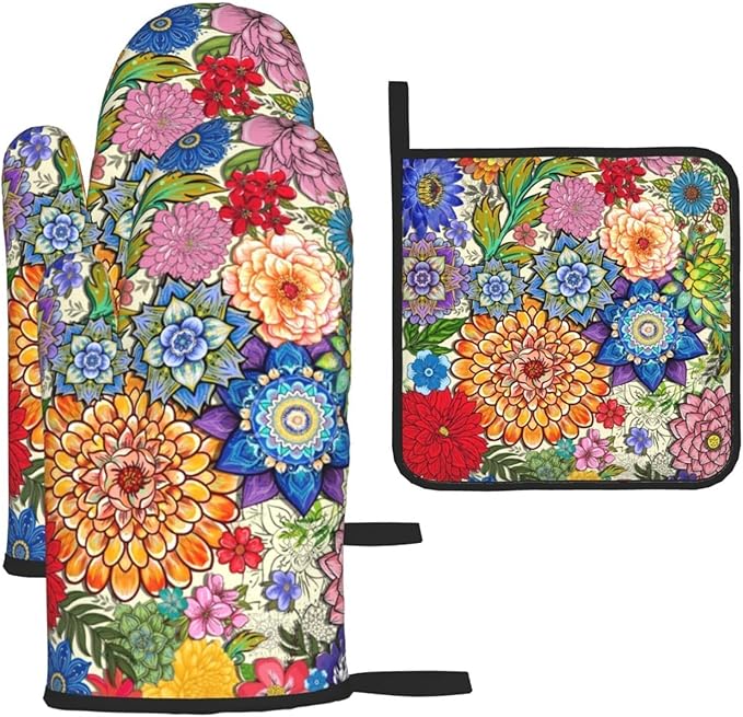 Boho Floral Oven Mitts and Pot Holders Sets of 3, Colorful Flowers Heat Resistant Kitchen Gloves Hot Pads, Chef Baking Gifts for Baker Women Mom Wife, Spring Easter Kitchen Gifts for Cooking Lover