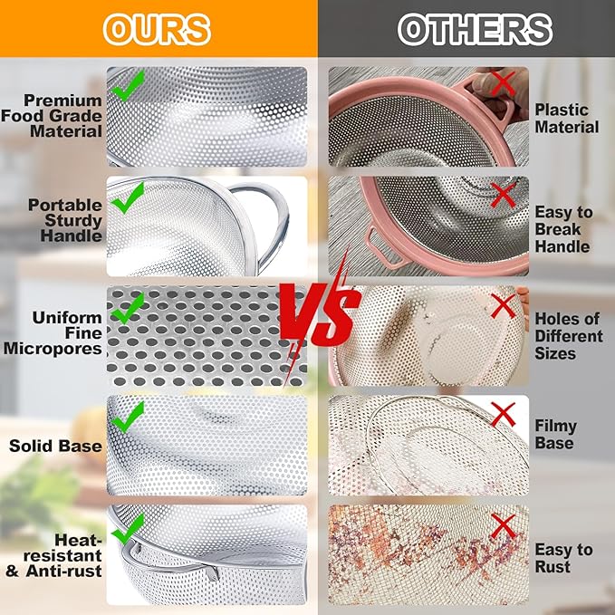 Colander Stainless Steel, 7 Piece Strainers and Colanders Set, Mesh Strainer Net Baskets with Handles, 2 Stainless Steel Plates and Fine Mesh Strainer for Kitchen Food Strain Drain Rinse Cooking