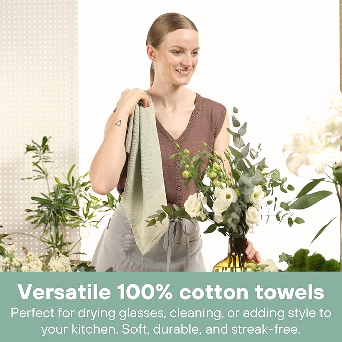 MEEMA Upcycled Spring Kitchen Towels Cotton Fabric | Super Absorbent Hand Towels with Hanging Loop | Cleaning Rags and Dish Towels for Kitchen | Sage Green | Large 18 x 28 Inch | 4-Pack